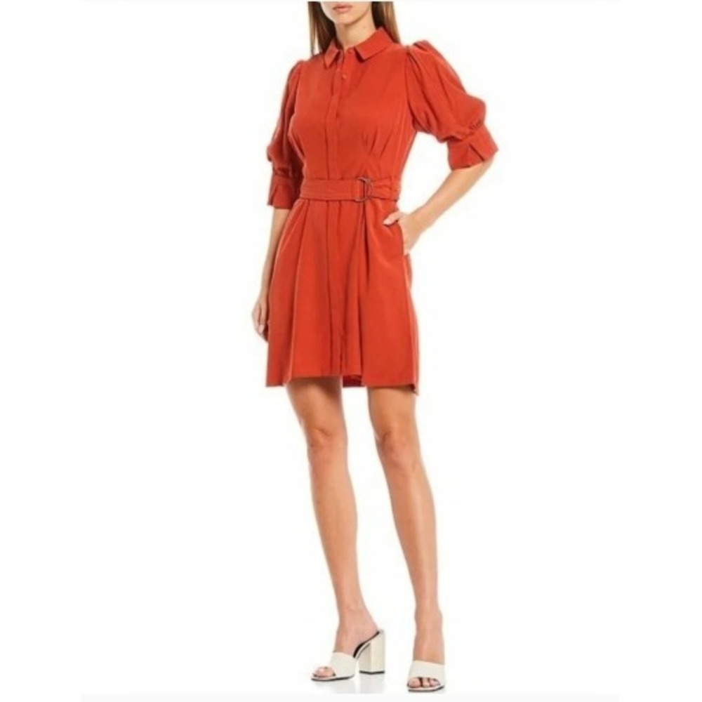 NWOT A Loves A Shirt Dress Womens XS Orange Puff Sleeve‎ Belted Mini Casual Chic